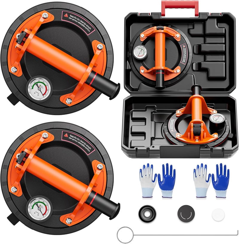 SPECILITE 8" Heavy Duty Glass Suction Cups 2 Pack with Pressure Gauge for Lifting Large Tile, Marble, Windows, 880 lbs Load Capacity, Industrial Vacuum Lifter with Handle, Carrying Case, Gloves,Orange - Image 1